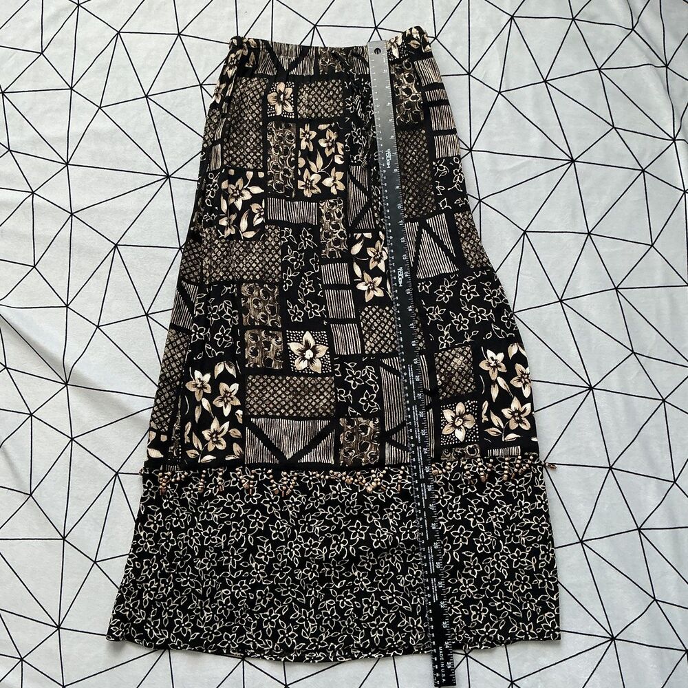 90s Boho Maxi Skirt PM Black Tan Patchwork Print Wood Bead Trim Rayon - Picture 5 of 5